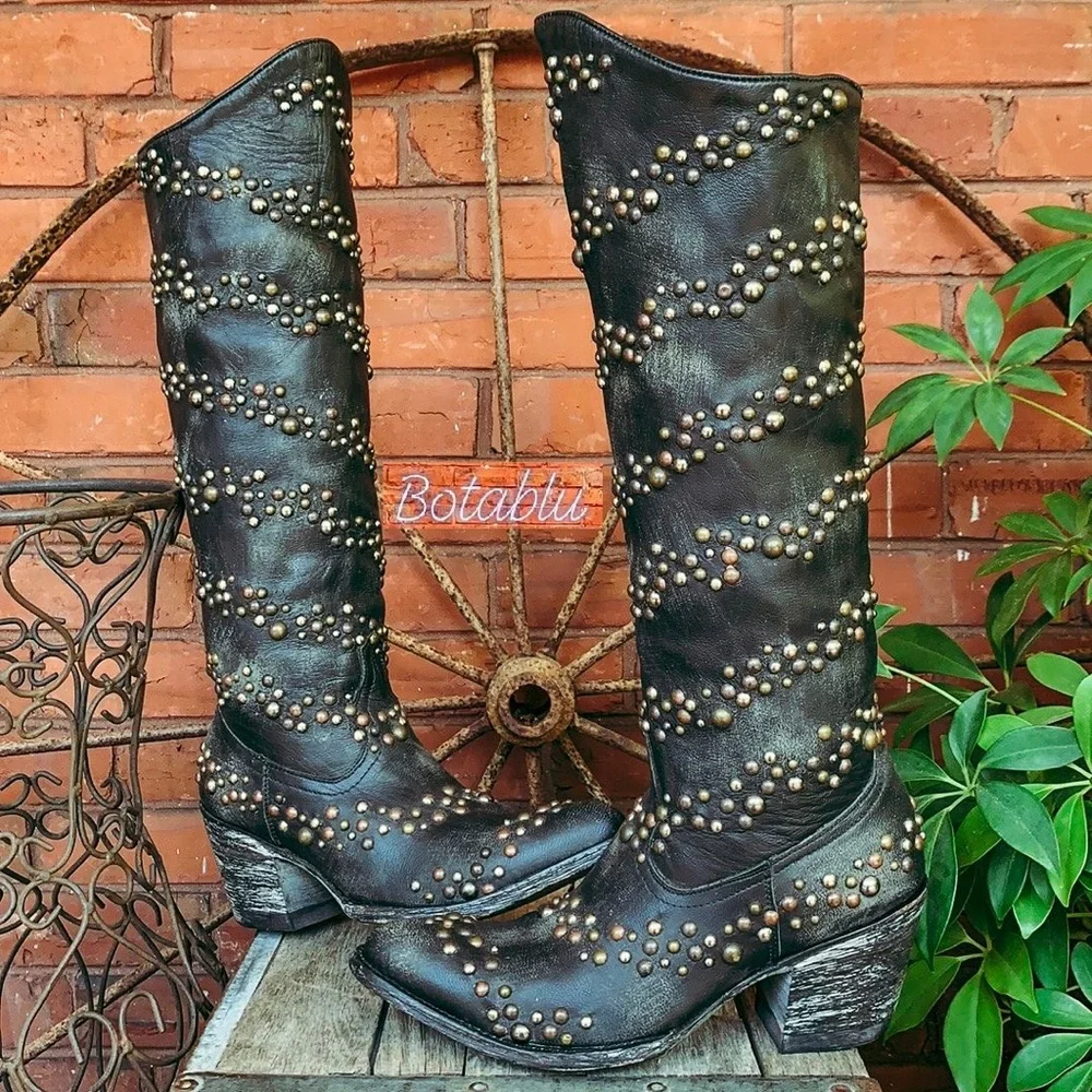 OLD GRINGO Rare Tall Studded Black Leather Cowgirl Western Boots Size 6 - Picture 4 of 12